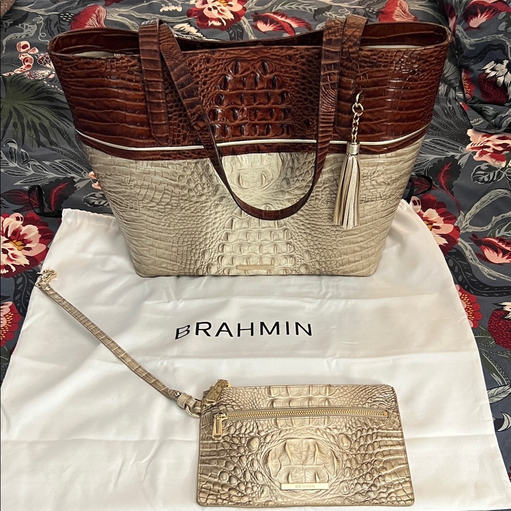 Brahmin Caye Collection Brown and Cream Croc-Embossed Tote